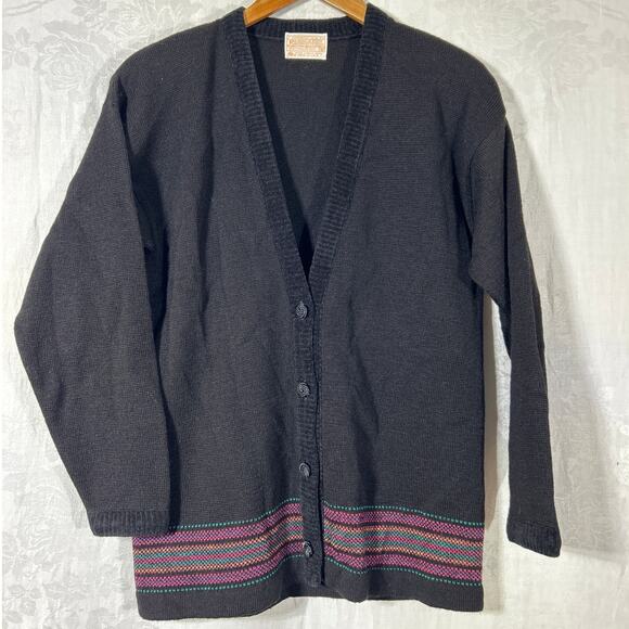 Pendleton Sweaters - Pendleton Cardigan Sweater Medium Black Pure Virgin Wool Striped Trim Vintage